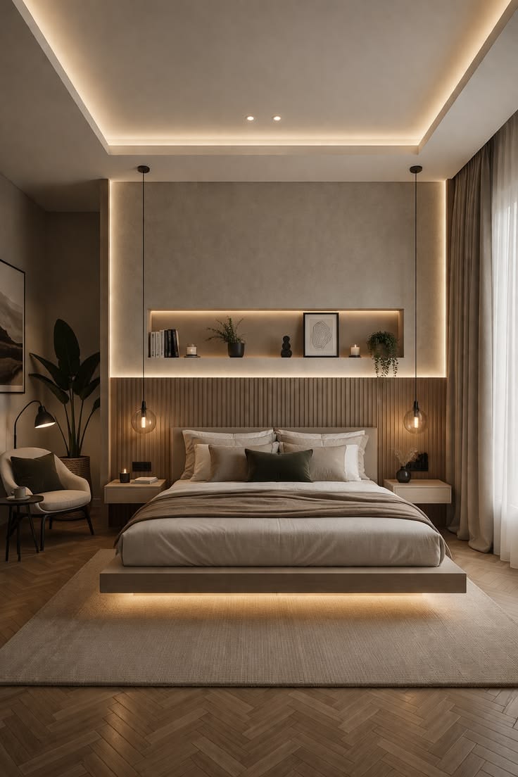 Serene Master Bedroom with Full-Height Upholstered Cushion Headboard #26